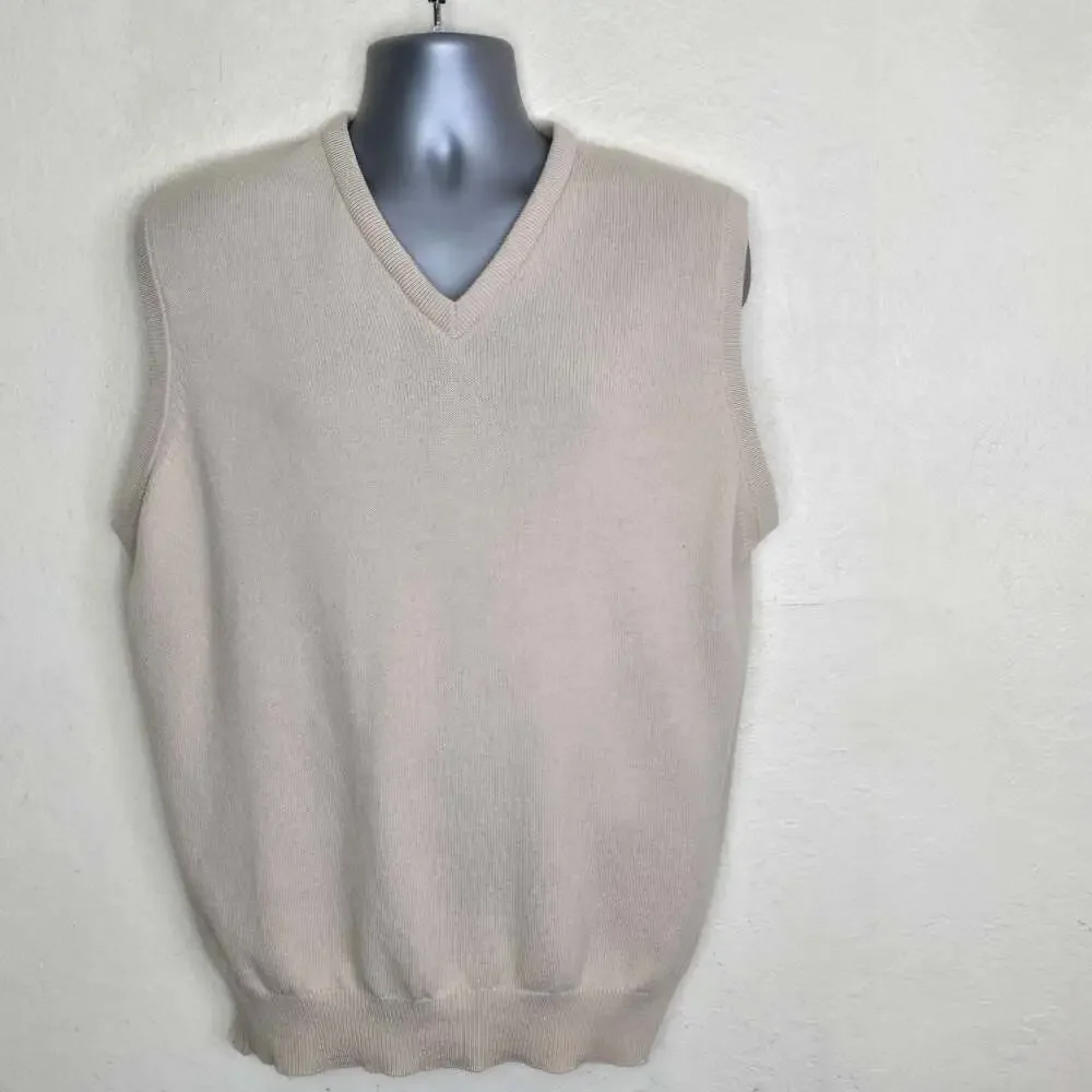 Pure Lambswool V-Neck Sweater Vest Made in Scotland Beige Large